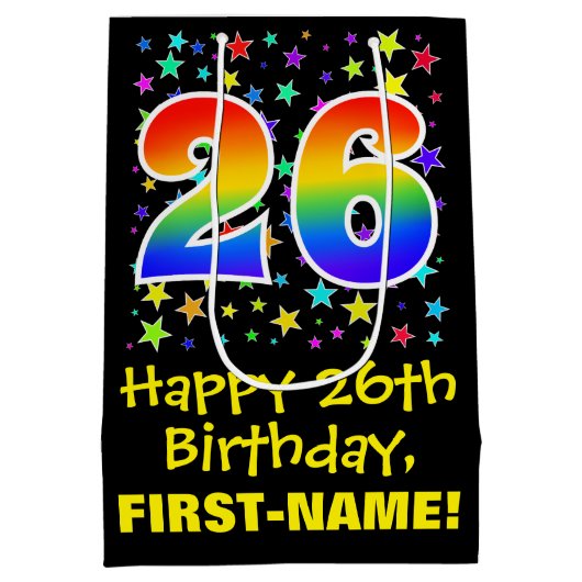 26誕生日:カラフルスターズパターン&レインボー26 ミディアムペーパーバッグ (裏面)