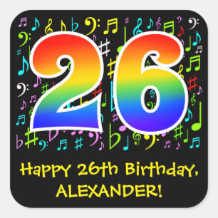 26誕生日:カラフル音楽シンボル、レインボー26 スクエアシール