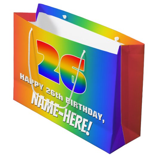 26誕生日: カラフル、おもしろいレインボーパターン# 26 ラージペーパーバッグ (正面アングル)