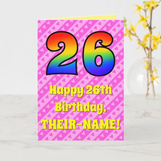 26誕生日:ピンクストライプのハート、レインボー# 26 カード (黄色い花)