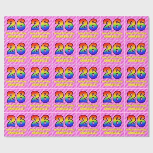 26誕生日:ピンクストライプのハート、レインボー# 26 ラッピングペーパー (フラット)