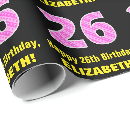 26誕生日:ピンクストライプ色のハートと"26" +名前 ラッピングペーパー (ロールコーナー)