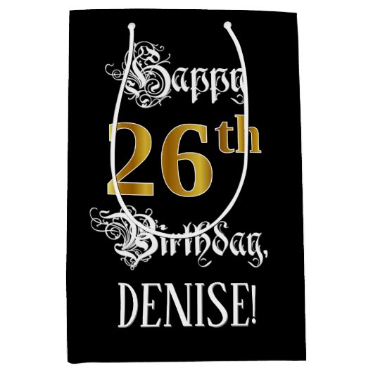 26誕生日～ファンシースクリプト；フェイク金ゴールド検索；名前 ミディアムペーパーバッグ (正面)