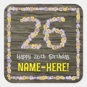26誕生日:フローラ番号フェイク、木目、名前 スクエアシール (正面)