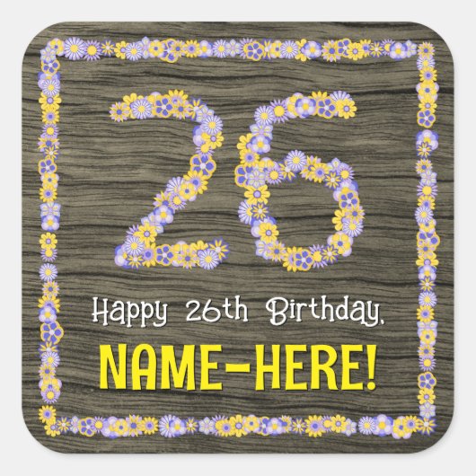 26誕生日:フローラ番号フェイク、木目、名前 スクエアシール (正面)
