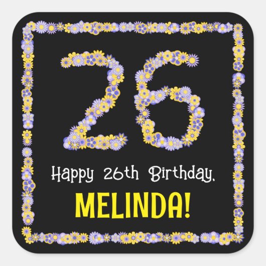 26誕生日:フローラ花数名前をカスタムする スクエアシール (正面)