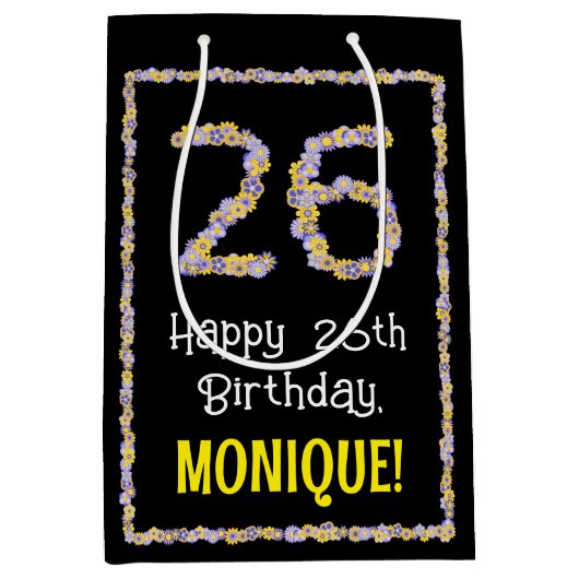 26誕生日:フローラ花数名前をカスタムする ミディアムペーパーバッグ (正面)