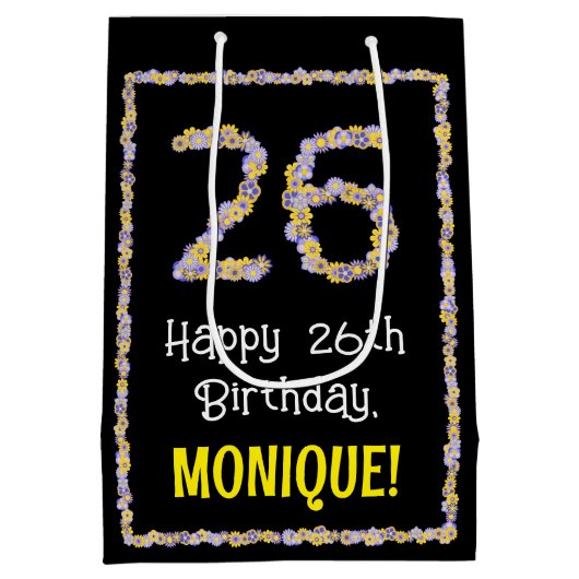 26誕生日:フローラ花数名前をカスタムする ミディアムペーパーバッグ (裏面)