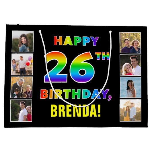 26誕生日:レインボー文字カスタム、写真&名前 ラージペーパーバッグ (裏面)