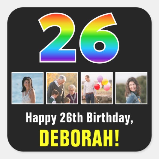 26誕生日:レインボー「26」、写真カスタムと名前 スクエアシール (正面)