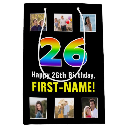 26誕生日: Rainbow "26"，写真カスタムと名前 ミディアムペーパーバッグ (正面)