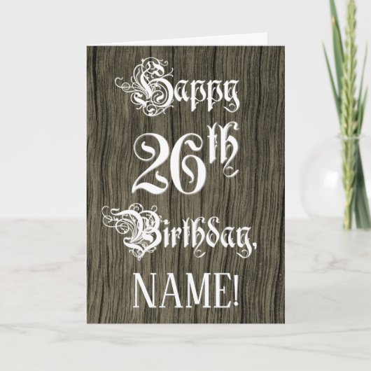 26th Birthday: Fancy, Elegant Text; Faux Wood Look カード (正面)