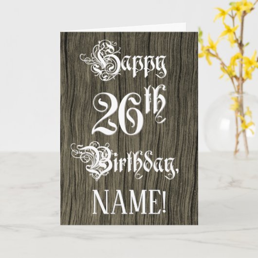 26th Birthday: Fancy, Elegant Text; Faux Wood Look カード (黄色い花)