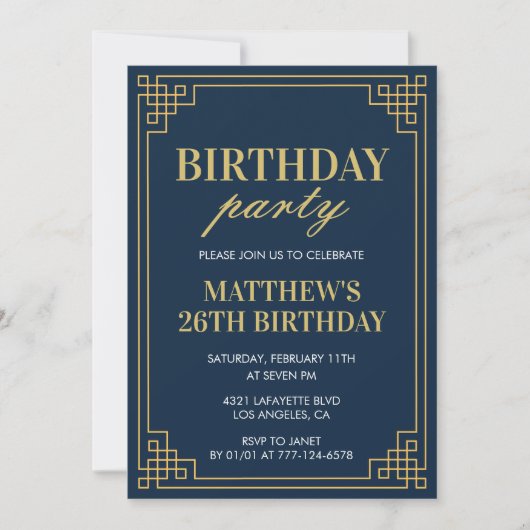 26th birthday invitations Birthday party boy navy 招待状 (正面)