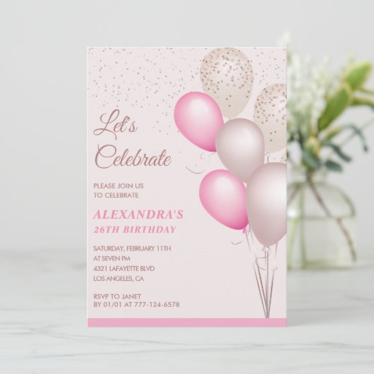 26th birthday invitations Pink Balloons Confetti 招待状 (スタンド正面)