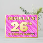 26th Birthday Party —おもしろいピンクハートとストライプ 箔招待状 (立ち正面)