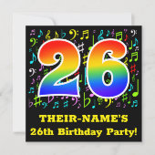 26th Birthday Party:おもしろいミュージックシンボルRainbow 26 招待状 (正面)