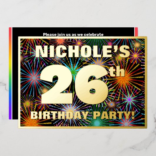 26th Birthday Party —おもしろい、カラフルFireworks Look 箔招待状 (正面/裏面)