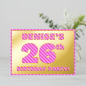 26th Birthday Party —はっきりした、おもしろい、ピンクストライプ色26 箔招待状 (立ち正面)