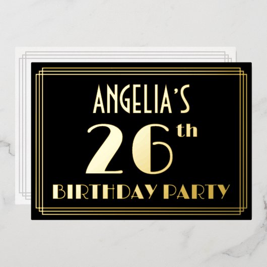 26th Birthday Party:アールデコルック"26"、名前 箔招待状 (正面/裏面)