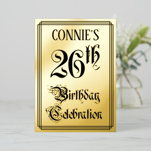 26th Birthday Party – スクリプエレガントト+名前をカスタムする 箔招待状 (立ち正面)