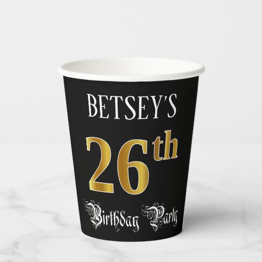 26th Birthday Party — Fancy Script, Faux Gold Look 紙コップ (裏面)