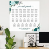 27テーブルティール（緑がかった色）バラエレガントな結婚式の座席表 ポスター (ホームオフィス)