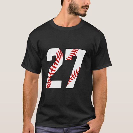 27本の野球の紐と背番号27 野球ママデザイン Tシャツ (正面)