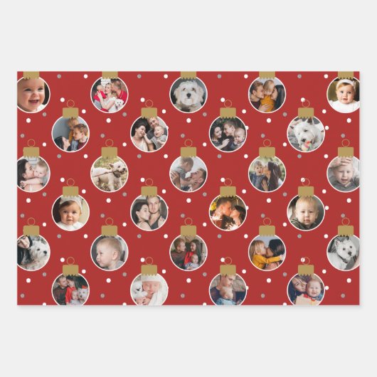 27枚モダンのフォトクリスマスオーナメント赤と白 ラッピングペーパーシート (正面)