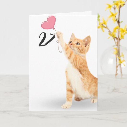 27歳の誕生日のタビー猫とハートバルーン カード (黄色い花)
