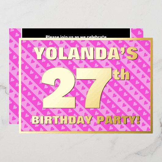 27歳の誕生日パーティー - 可愛いピンクのハートとストライプ 箔招待状 (正面/裏面)