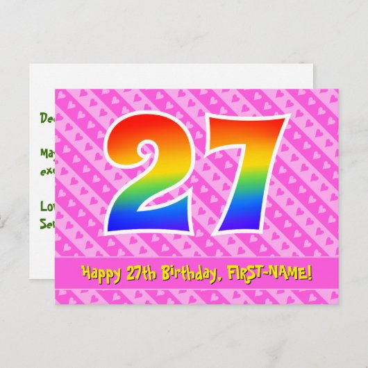 27歳の誕生日：ピンクのストライプとハート、虹色の27 ポストカード (正面/裏面)