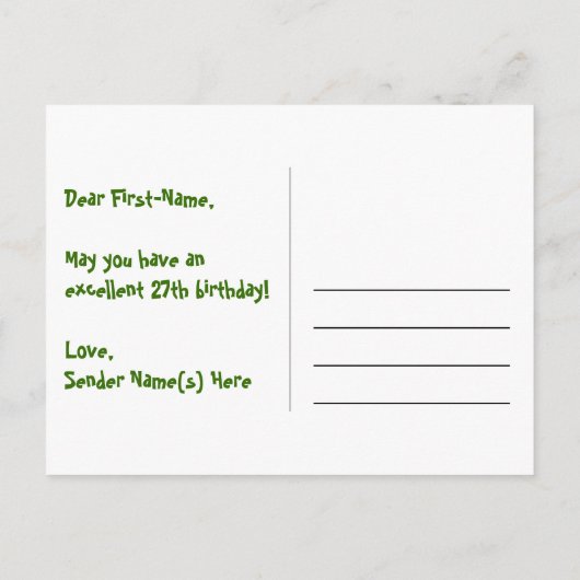 27歳の誕生日：ピンクのストライプとハート、虹色の27 ポストカード (裏面)