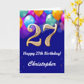 27誕生日ネイビーブルーと金ゴールドバルーンカラフル カード (黄色い花)