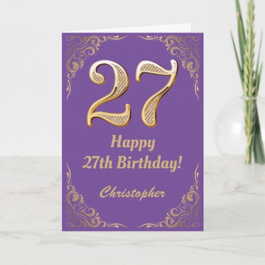 27誕生日紫と金ゴールドグリッター枠 カード (正面)