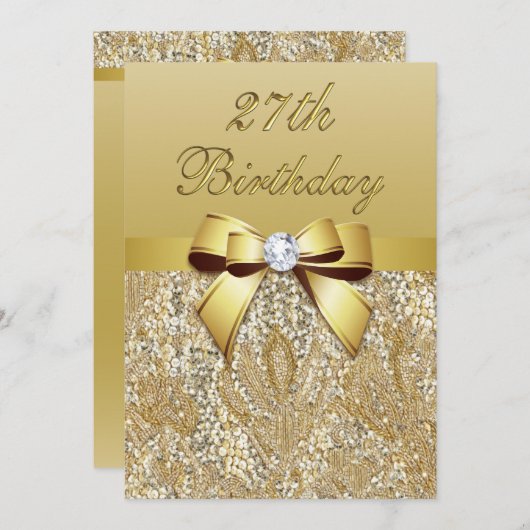 27誕生日金ゴールドフェイクセクインとボウ 招待状 (正面/裏面)
