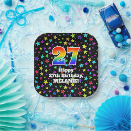 27誕生日:おもしろいスター柄と虹"27" ペーパープレート