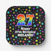 27誕生日:おもしろいスター柄と虹"27" ペーパープレート (正面)