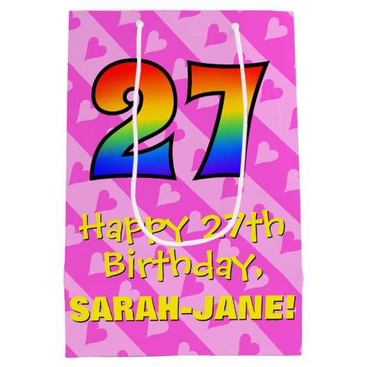27誕生日:おもしろいピンクハートストライプ、レインボー27 ミディアムペーパーバッグ (裏面)