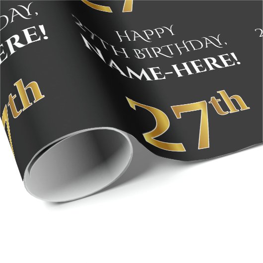 27誕生日:エレガント、ブラック、フェイク金ゴールド ラッピングペーパー (ロールコーナー)