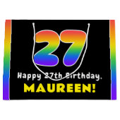 27誕生日:カラフルレインボー# 27、名前をカスタムする ラージペーパーバッグ (正面)