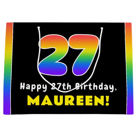 27誕生日:カラフルレインボー# 27、名前をカスタムする ラージペーパーバッグ (正面)