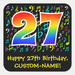 27誕生日:カラフル音楽シンボル、レインボー27 スクエアシール