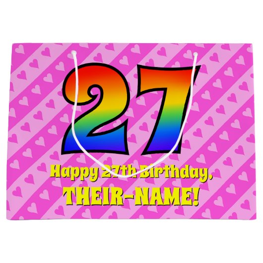 27誕生日：ピンクストライプのハート、レインボー# 27 ラージペーパーバッグ (正面)