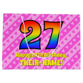 27誕生日：ピンクストライプのハート、レインボー# 27 ラージペーパーバッグ (裏面)