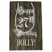 27誕生日: ファンシー, フェイク Wood Look +名前をカスタムする ミディアムペーパーバッグ (正面)