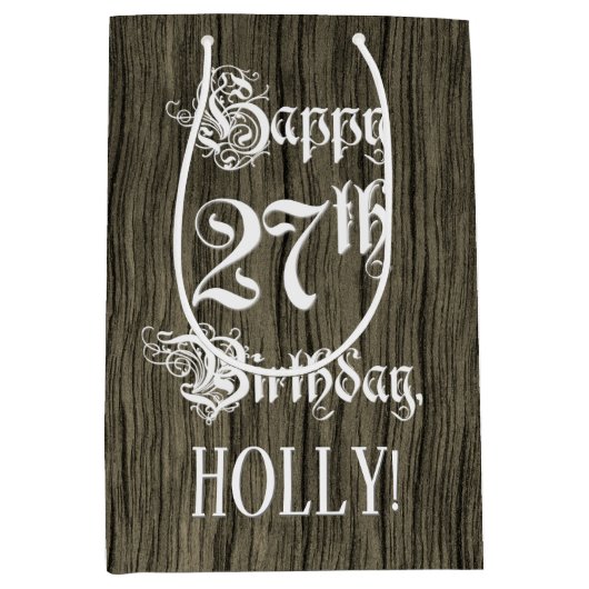 27誕生日: ファンシー, フェイク Wood Look +名前をカスタムする ミディアムペーパーバッグ (正面)