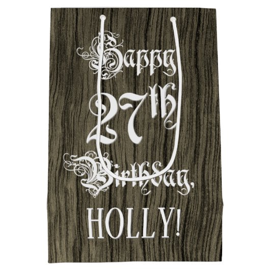 27誕生日: ファンシー, フェイク Wood Look +名前をカスタムする ミディアムペーパーバッグ (裏面)