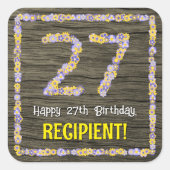 27誕生日:フローラ番号フェイク、木目、名前 スクエアシール (正面)