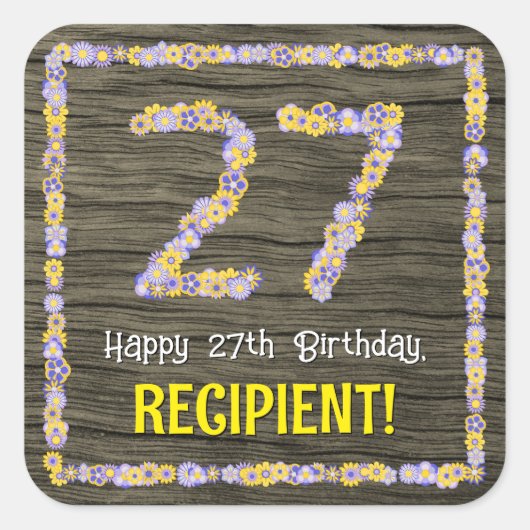27誕生日:フローラ番号フェイク、木目、名前 スクエアシール (正面)